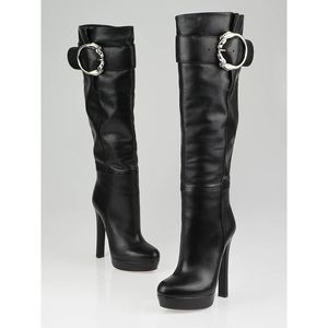 Gucci Black Leather Horse Buckle Josephine Platform Knee High Boots Size 38